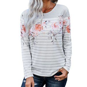 WHITE FLORAL STRIPED PRINT LONG SLEEVE TOP